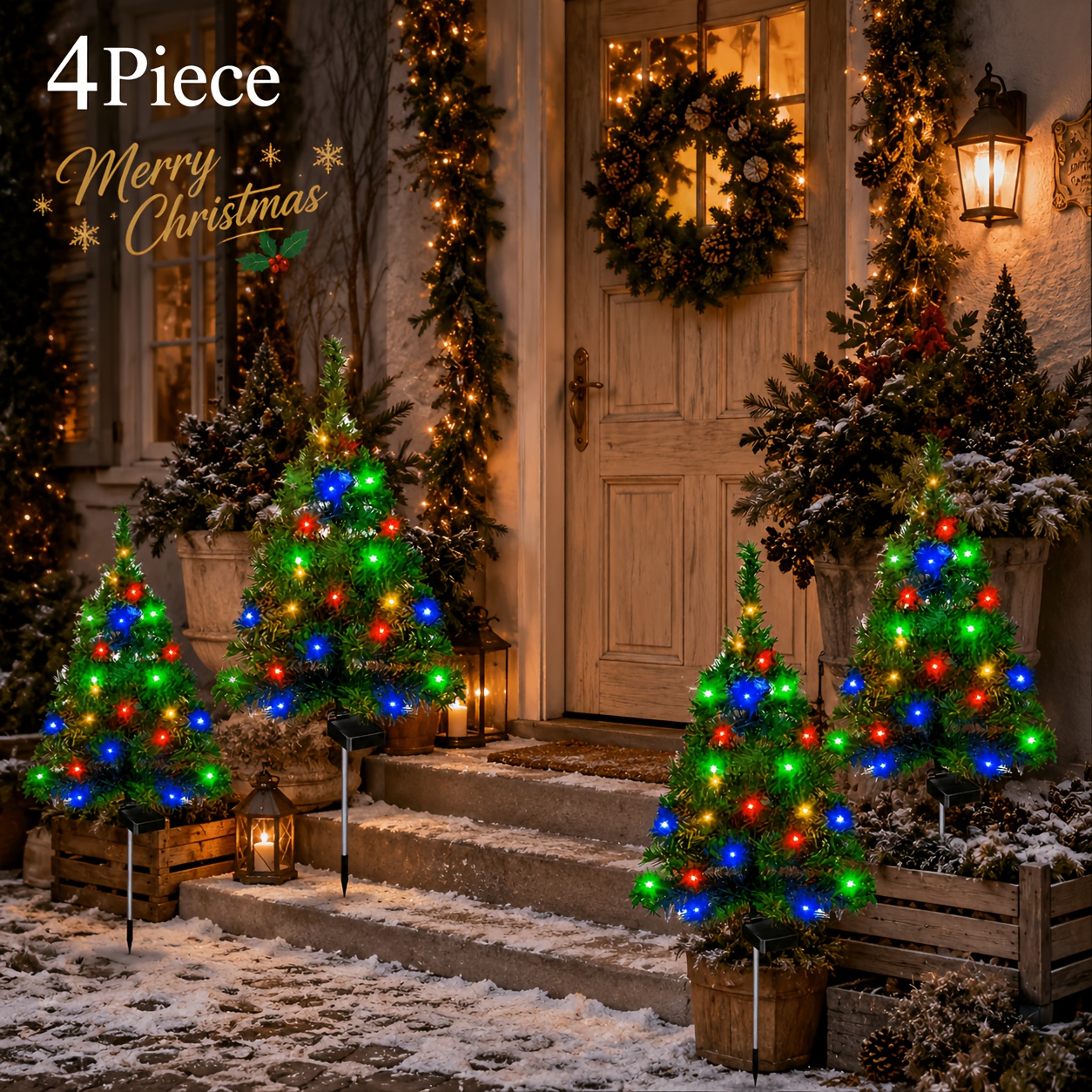 TEMU 4pcs 85cm Simulation Evergreen Christmas Green Plant Tree, Dense Needle Shape With Solar Red, Yellow, Blue, Green Led Lights, Suitable For Porch