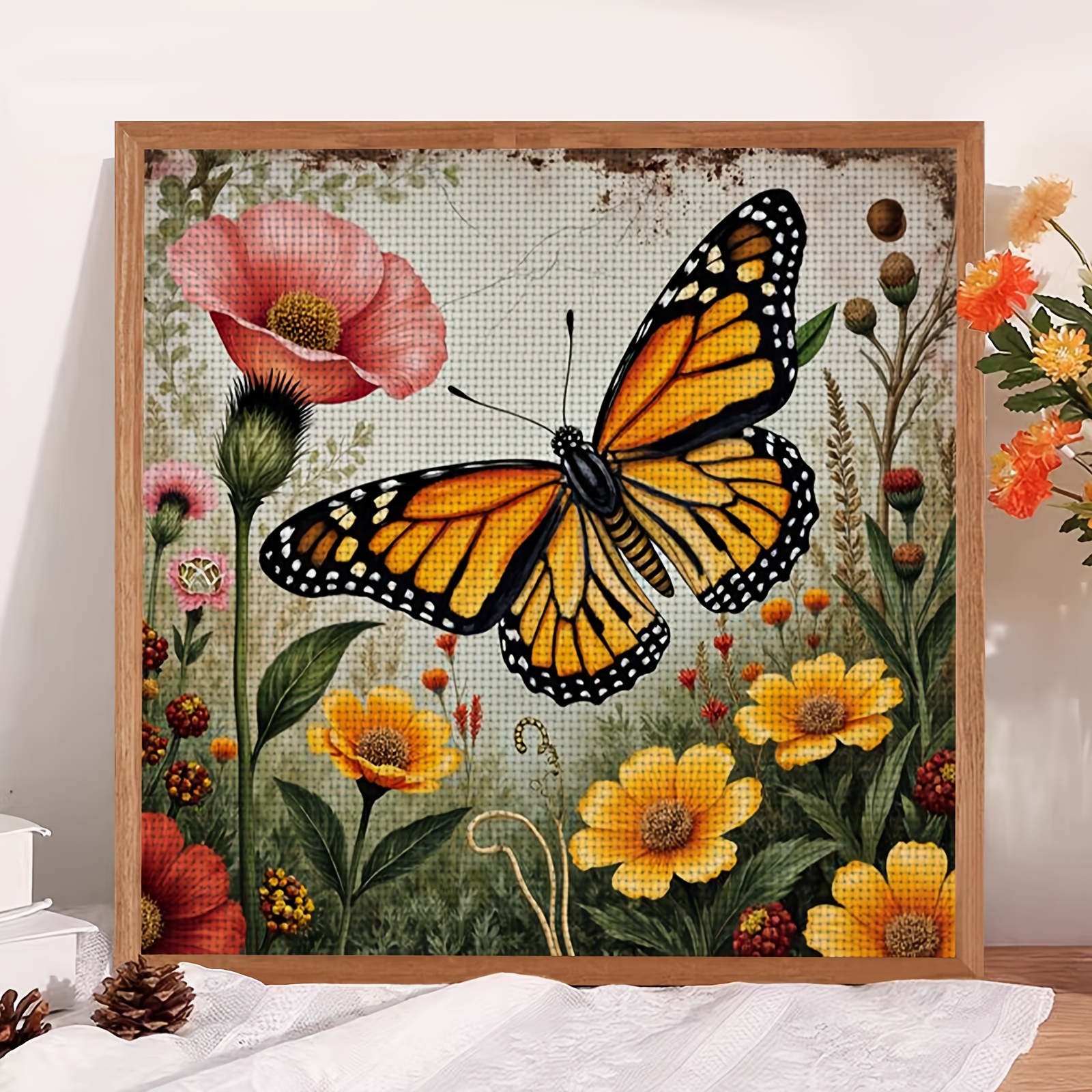 DIY Cross-stitch Printed Kit, Unframed, "Butterflies Among Flowers" Pattern