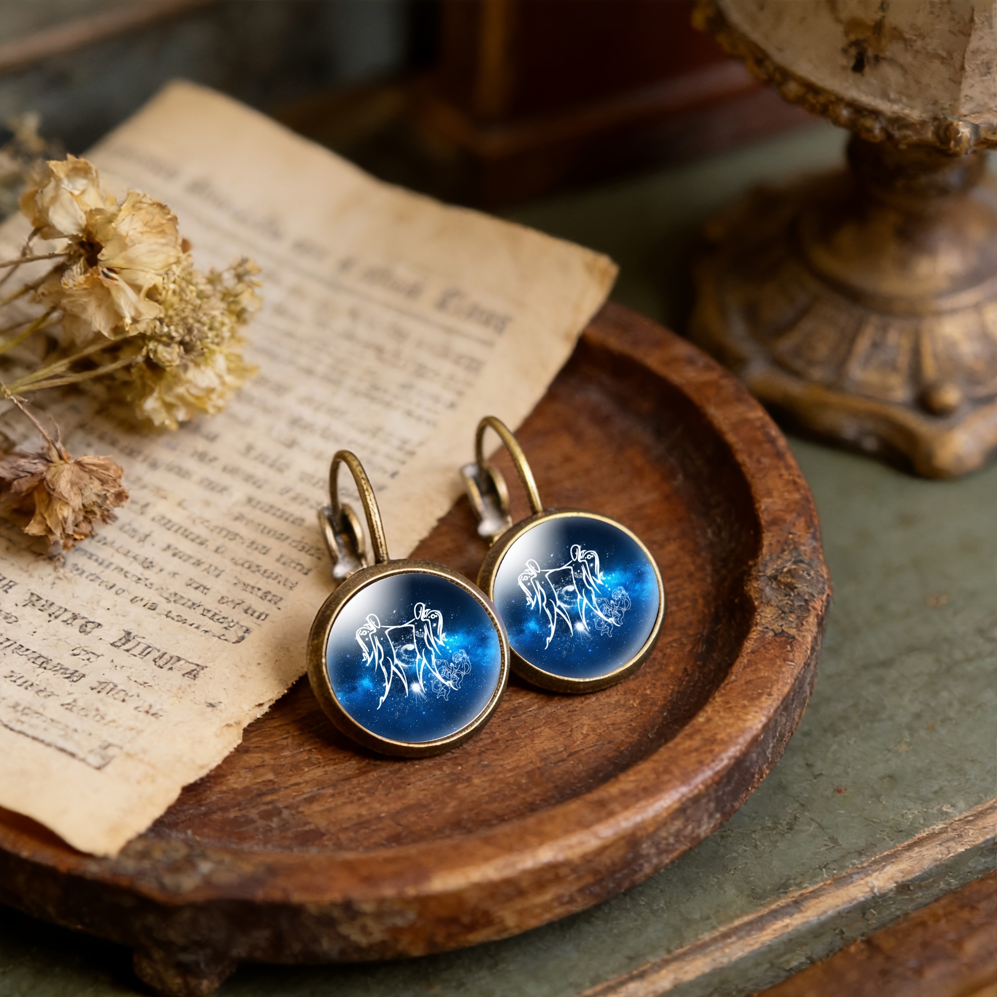 2pcs Teal Round Classical Earrings Set, Gemini Constellation Design
