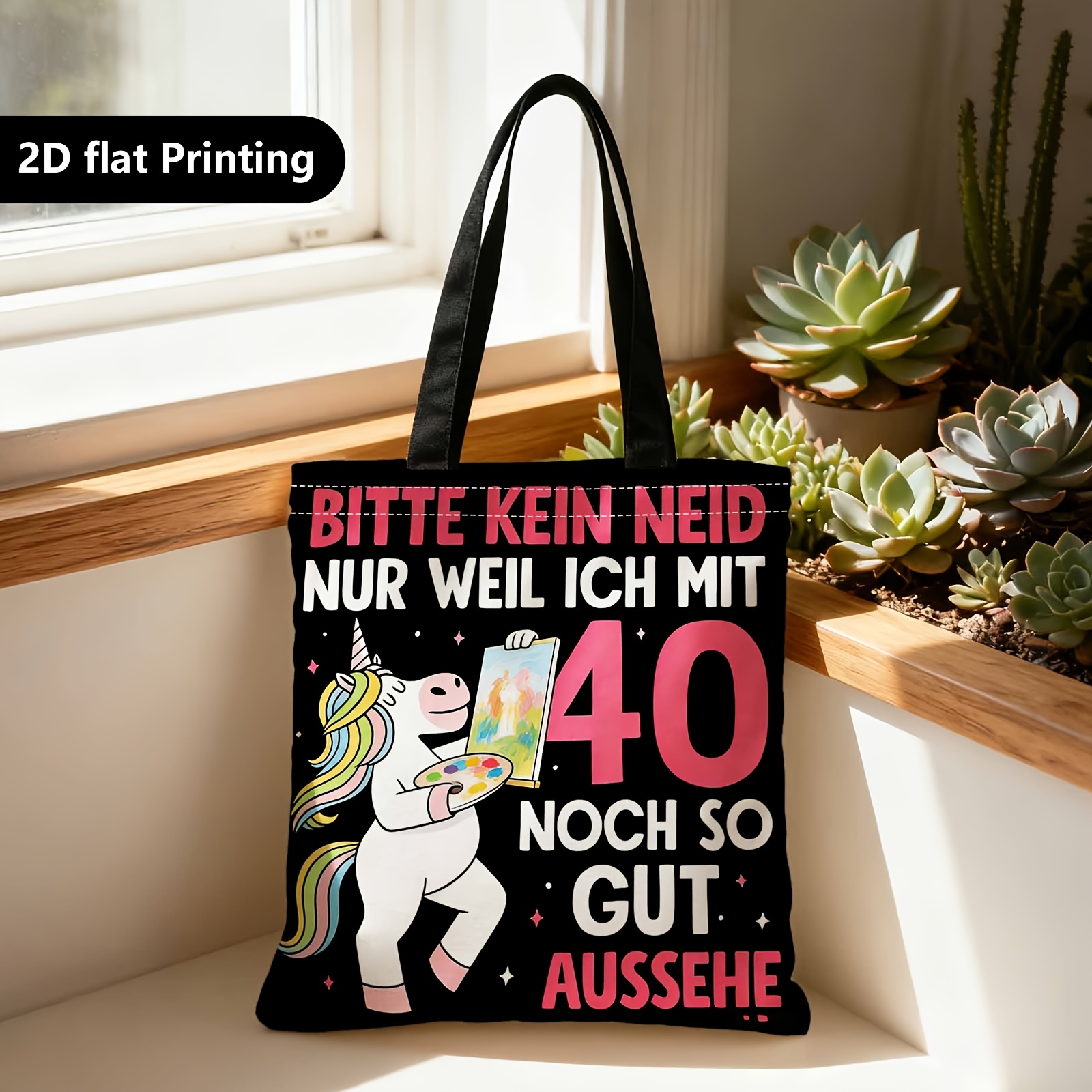 E-shop Einkaufstasche, Tragbare Schulter- Handtasche, 2D-beidseitig bedruckt, 40. Geburtstag, Einhorn, Humor, geeignet für Reisen, Kosmetik,