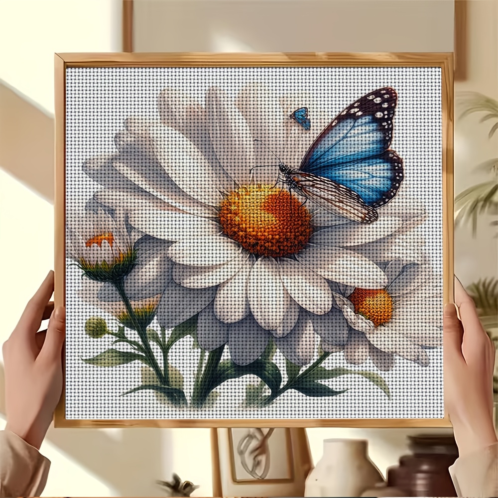 DIY Cross Stitch Printed Kit, Frameless, "White Daisy And Blue Butterfly" Pattern