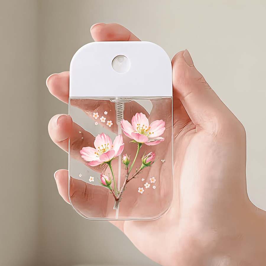 TEMU 1pc - Portable Card-style Spray Bottle - Pink Cherry Branch Design, Reusable Transparent Travel Container, Suitable For Cosmetics, Travel,