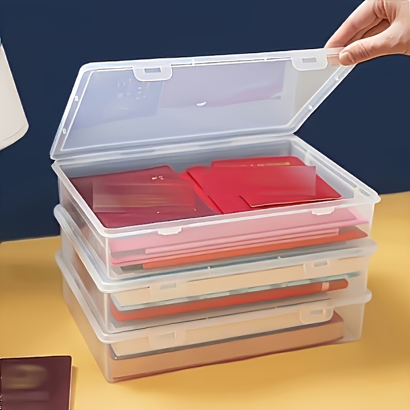 TEMU Lot de 3 grandes boîtes de rangement en plastique transparent à rabat, format A4, organisateurs de bureau empilables haute capacité, boîtes de