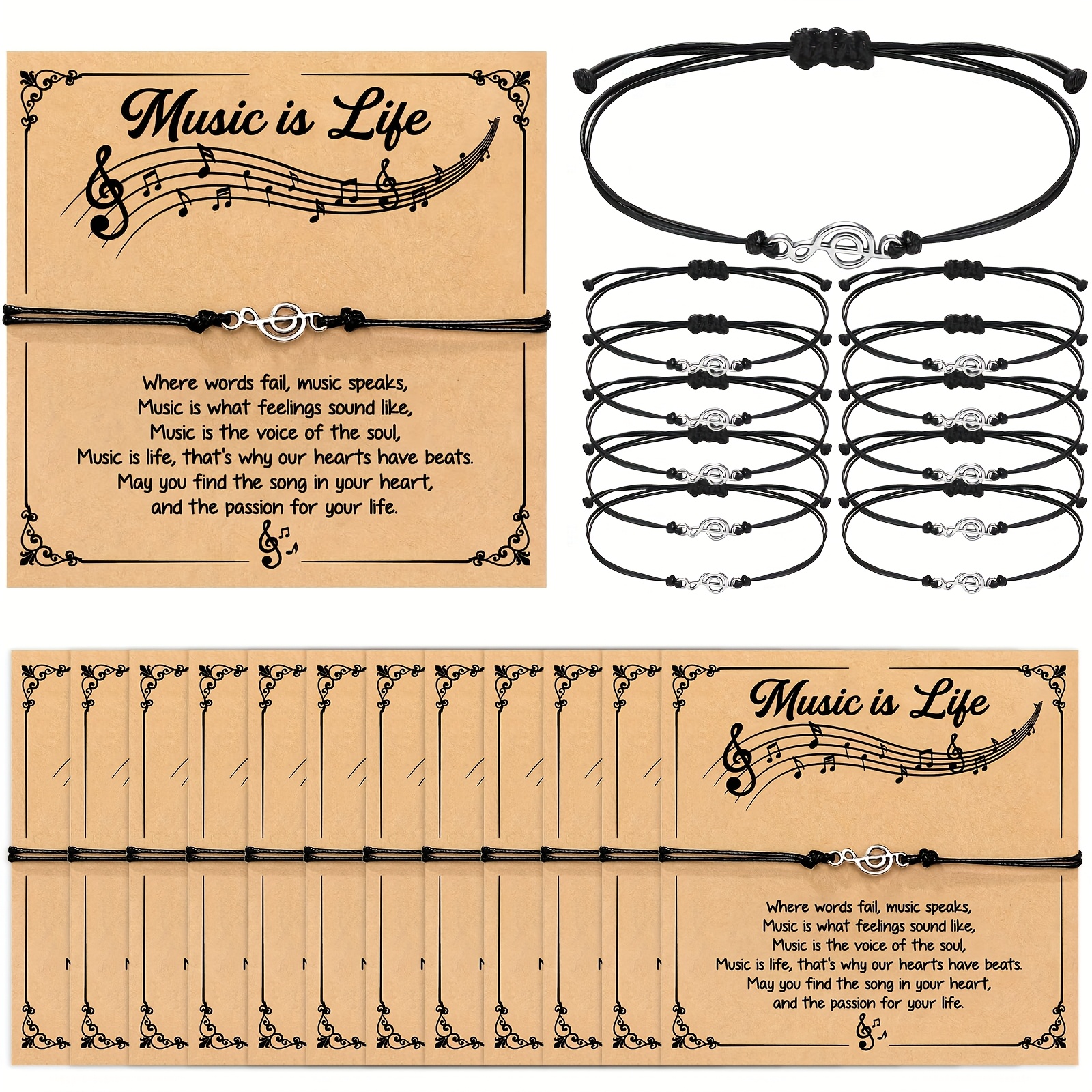 Image of 12pcs Music Bracelet Note Charm Bracelet Music Festival Graduation Season Gift For Music Lovers Concert Party Fan Bracelet With Card Hand-woven Adjustable Size