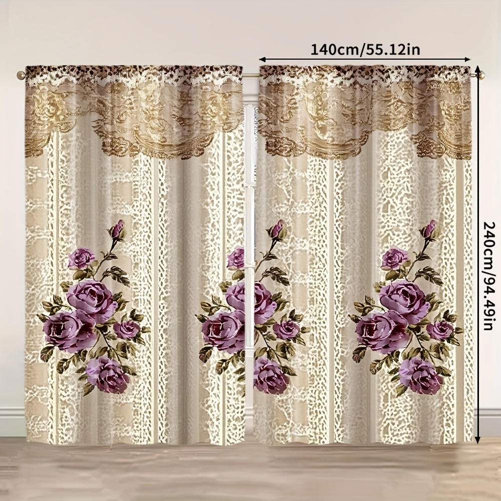 TEMU 2pcs, Upscale Curtains High-end Flower Plant Flower Durable Polyester (without Rod,no Movement, No Battery) Home Decor Use For Bedroom Living