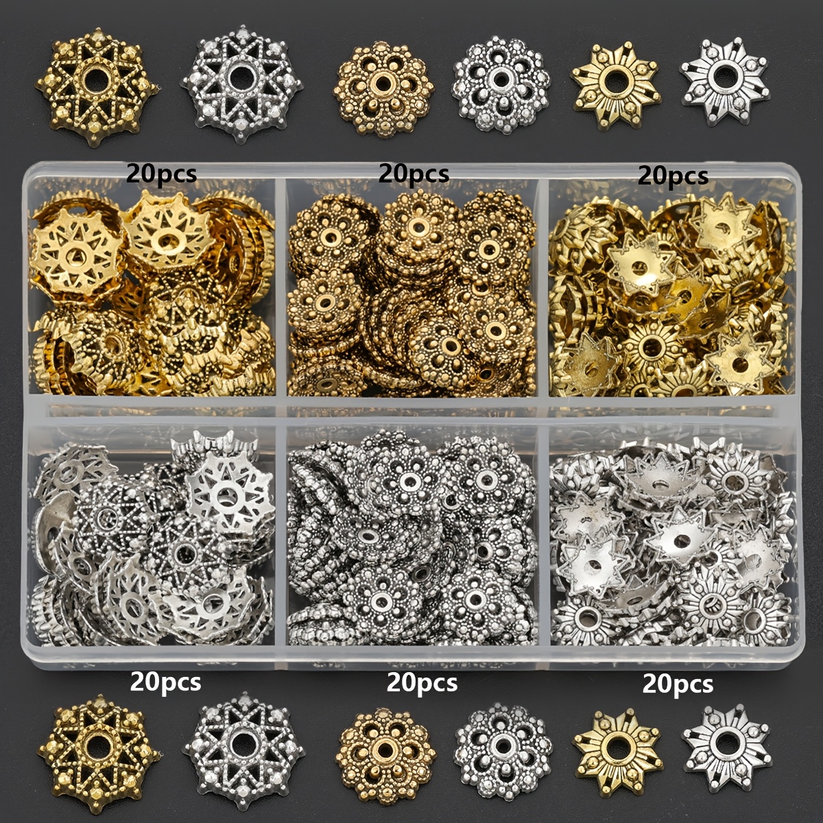 TEMU 120 pièces/boîte Pièces de fabrication de bijoux DIY, Embouts de de neige, Dos de perles creux d'étoile octogonale, Entretoises en alliage de ,