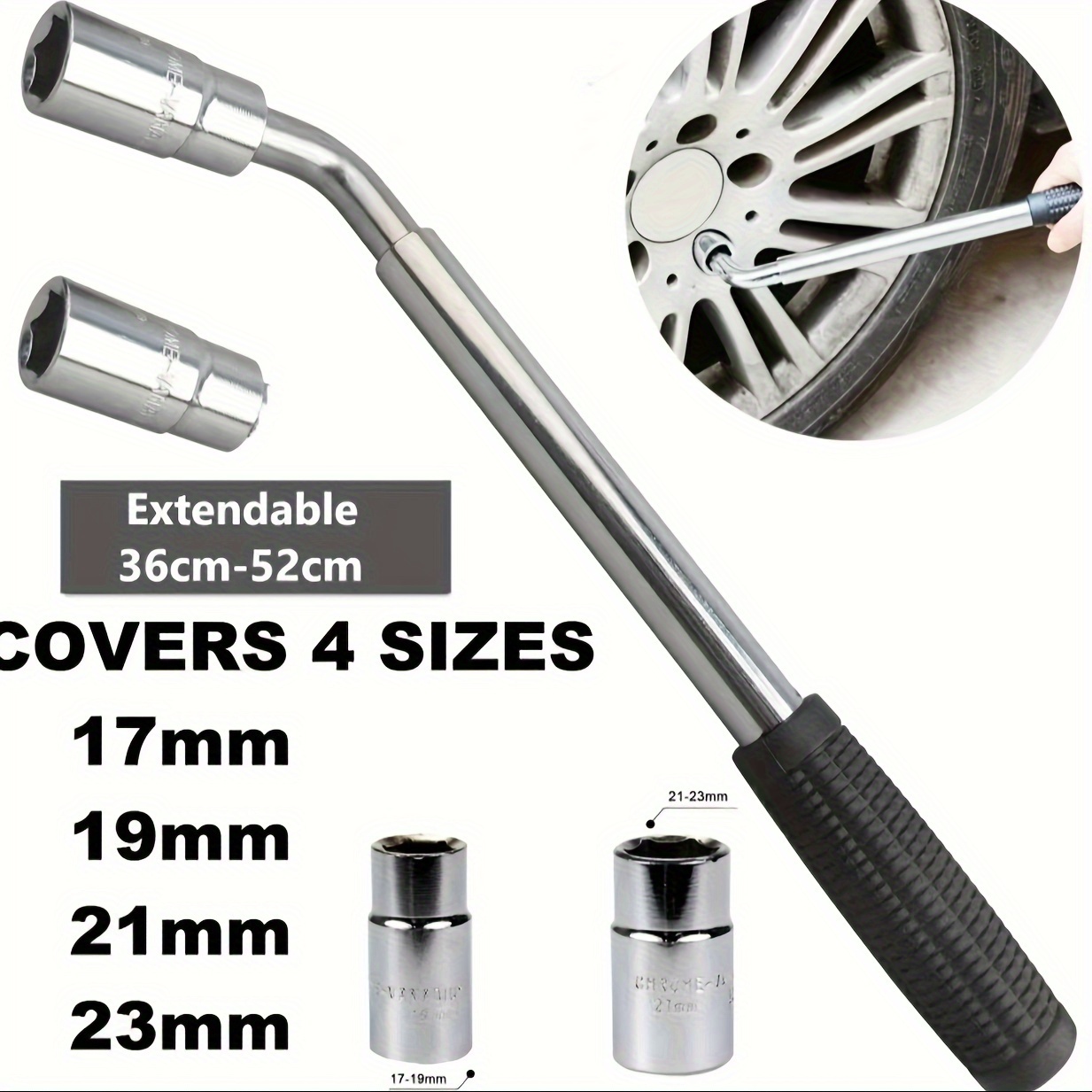 TEMU Telescopic Lug Wrench Set, Stainless Steel Extendable Wheel Brace With 17mm, 19mm, 21mm, 23mm Sockets For Car, Truck, Motorcycle Tire Changing Tool, Black – Durable, Space-saving Kit