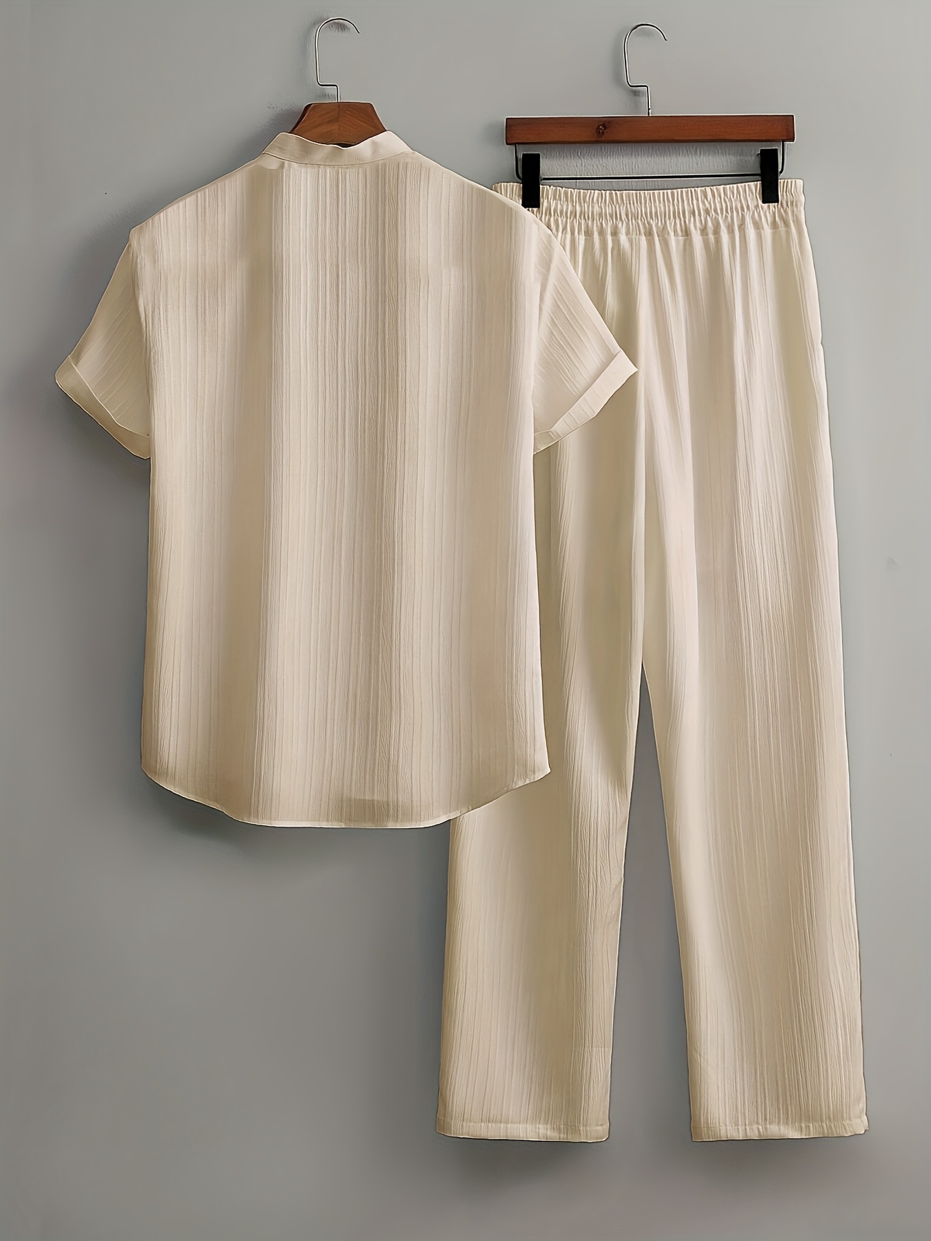 Men's Summer, Fashionable Wave Pattern Simple Casual Short Sleeve Shirt and Plain Trousers Set