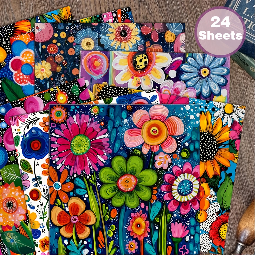 E-shop 24 Blatt Zoll handbemaltes, lebendiges, abstraktes -Papier mit floralen Mustern, geeignet für Collage, Origami und dekorative Papierarbeiten für