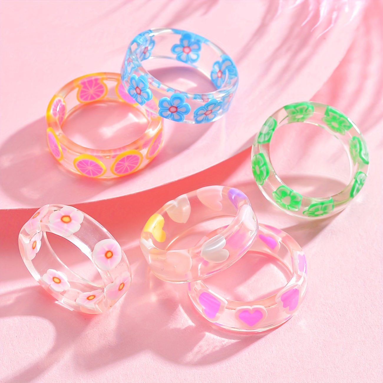 

6pcs Fashion Candy Color Transparent Acrylic Rings, Cute Ring Jewelry
