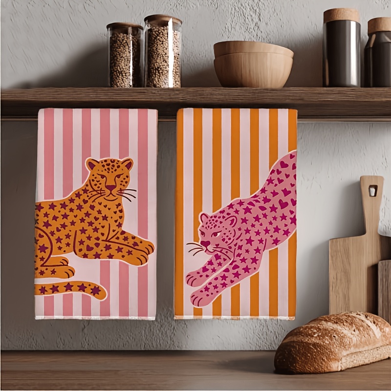 TEMU 2pcs Orange Striped And Leopard Print Kitchen Towels, 15.75*23.62 Inches (40*60cm) Microfiber Modern Dishcloths, Kitchen Accessories, Machine