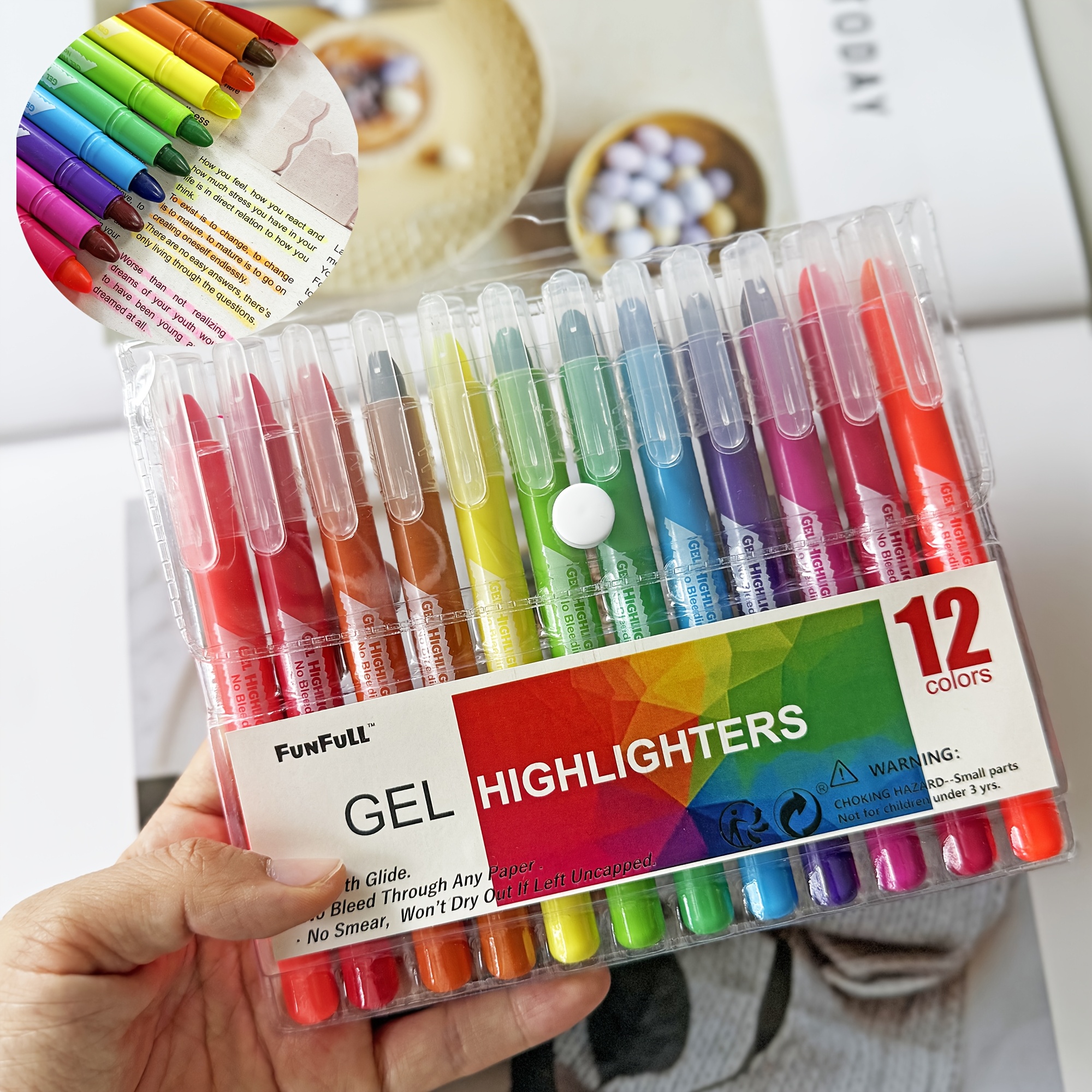 TEMU 12pcs/16pcs Vibrant Gel Highlighters - No Bleeding, , Oil-based Ink For Journaling & Reading, , Journaling Supplies | Colorful Writing Tools |