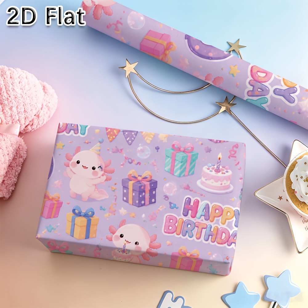 TEMU 1pc 2d Flat Printing Gift Box Wrapping Paper With Colorful Cute Axolotl Happy Birthday Printed Pattern Suitable For Gift Packing And Birthday