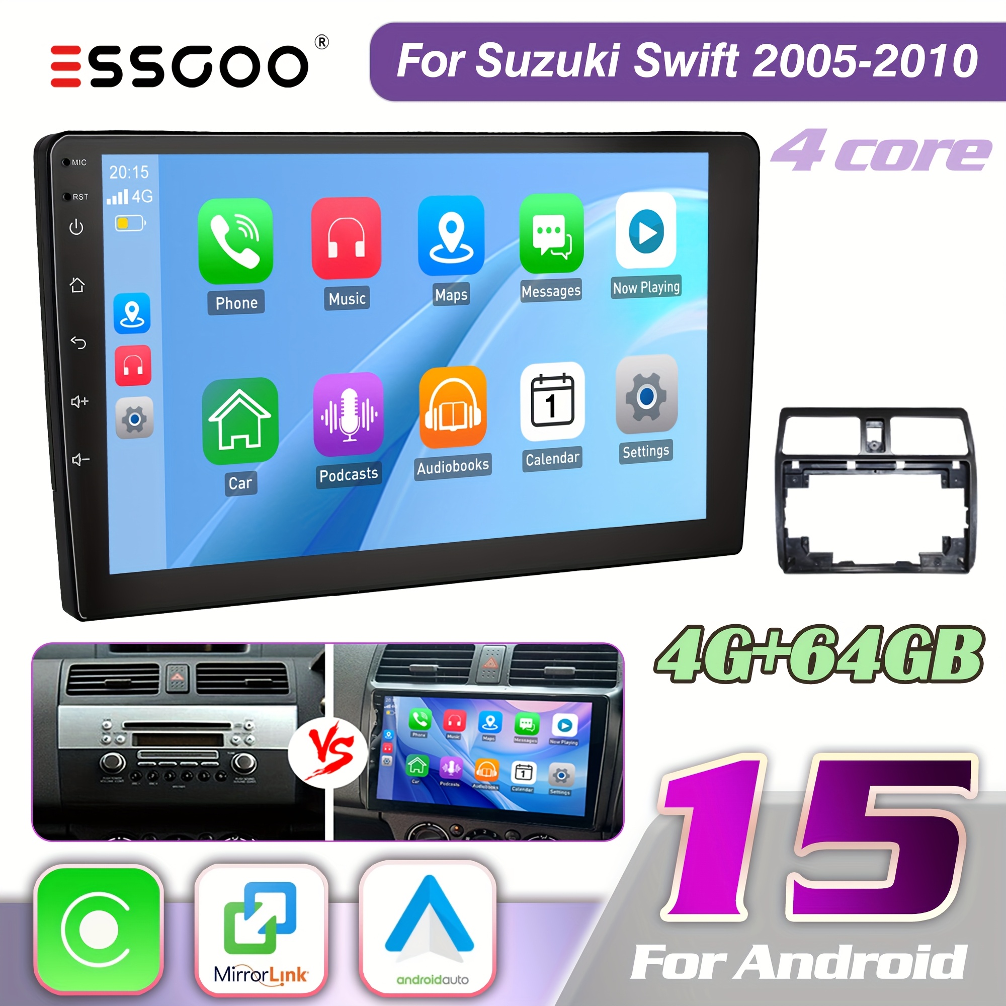 Essgoo 10-inch 15 Car Stereo | 2din Ips Display, Wireless Carplayer & Auto, 4gb+64gb, Steering Wheel Control, & Sound Eq, For Swift 2005-2010