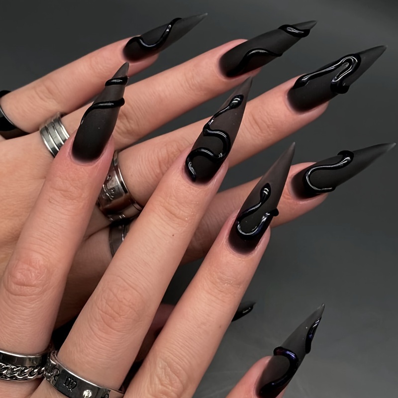 

24pcs Gothic Black Press-on Nails, 3d Snake Pattern Matte Fake Nail Set, Long Length Animal Tips With Adhesive Tabs