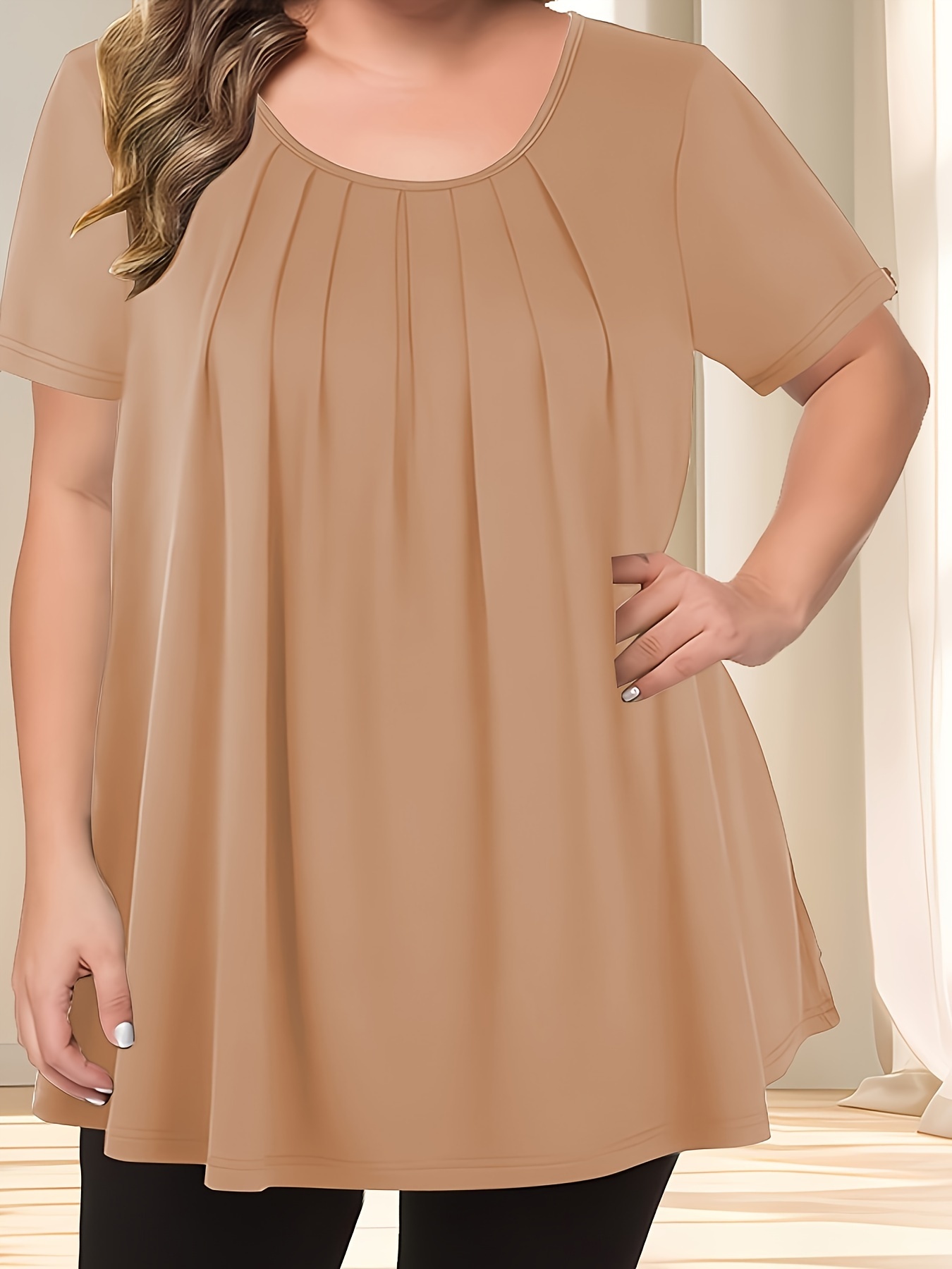 Women'S Casual Crew Neck Short Sleeve Blouse, Solid Color Plus Size, Lightweight Polyester with Subtle Stretch, Flared Hem, Spring/Summer Fashion Top, Casual Wear Blouse | Elegant Plus Size | Simple Eleganc
