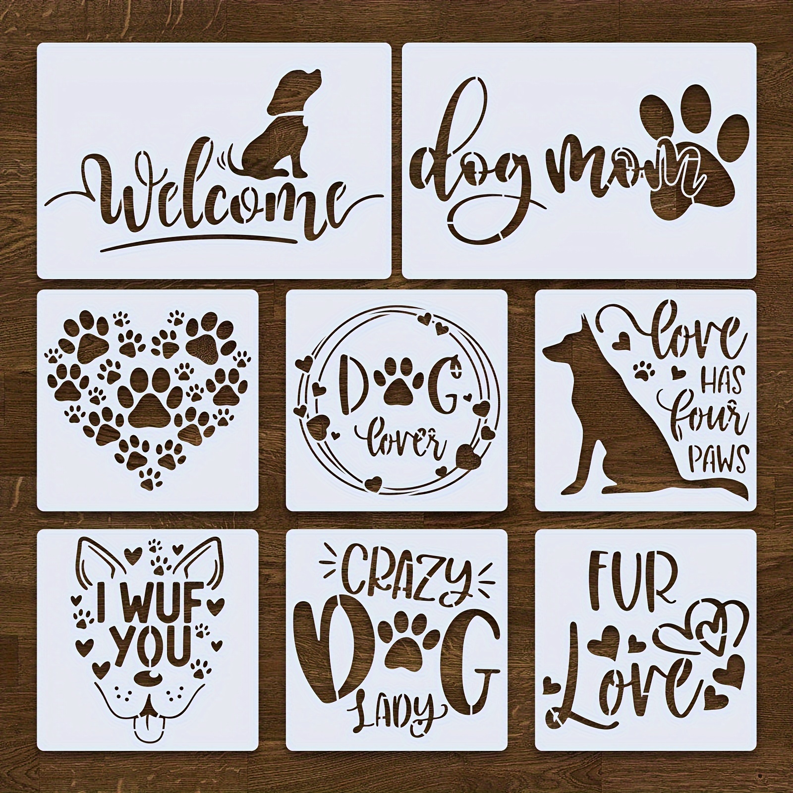 

8pcs Dog Love Themed Painting Stencils, Dog Paw Prints Heart Dog House Spray Paint Templates, Reusable Plastic Stencils For Dog Houses, Painting On Wood, Canvas, Paper, Fabric, Walls And Furniture