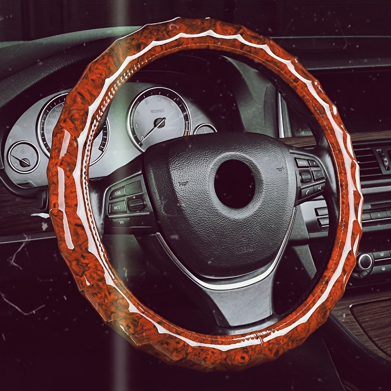 

New Style Durable Anti-slip Pu Leather Peach Wood Grain Car Steering Wheel Cover With Round Handle - Interior Modification For Enhanced Grip And Comfort