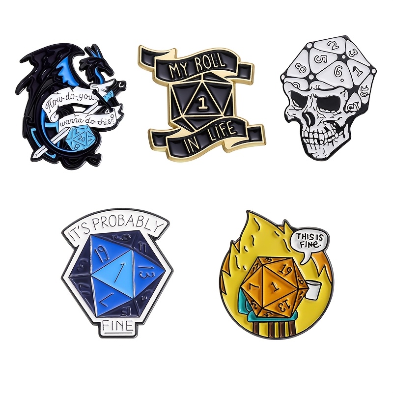TEMU 5pcs Oppryn Tabletop Rpg Enamel Pin Collection - Funny Dragon, Dice Memes, Skull " Fine" Brooch Accessories Suitable For Fans, Gifts For , Wear