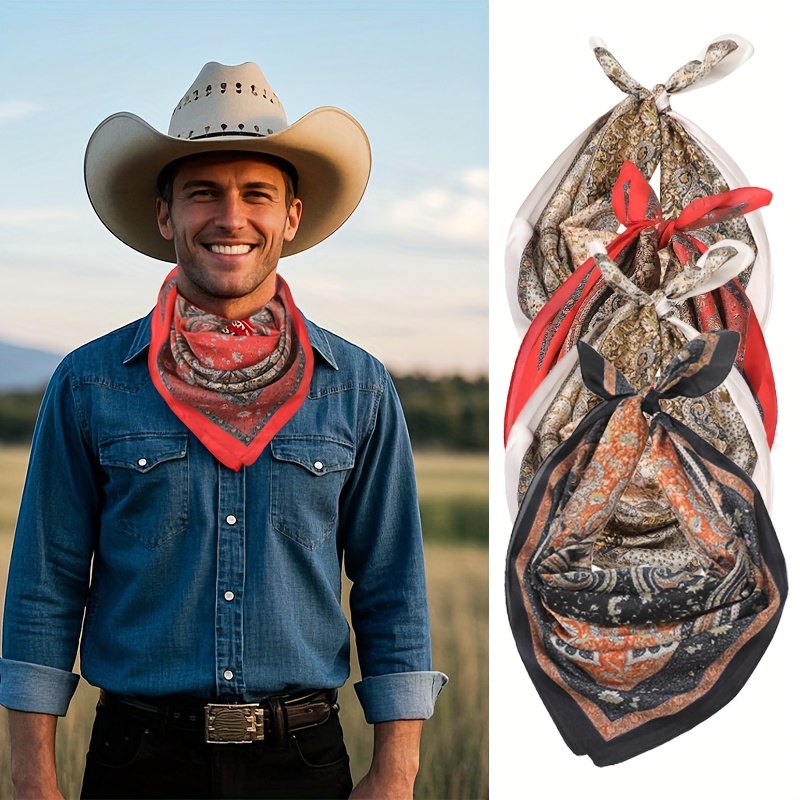 TEMU 4pcs Men's Large Western Style Scarf - Vintage Floral Print Bandana, 27.5" Square, Men's , Retro Neck Accessory For Outdoor Activities, Suitable For Riding & Country Music Festivals