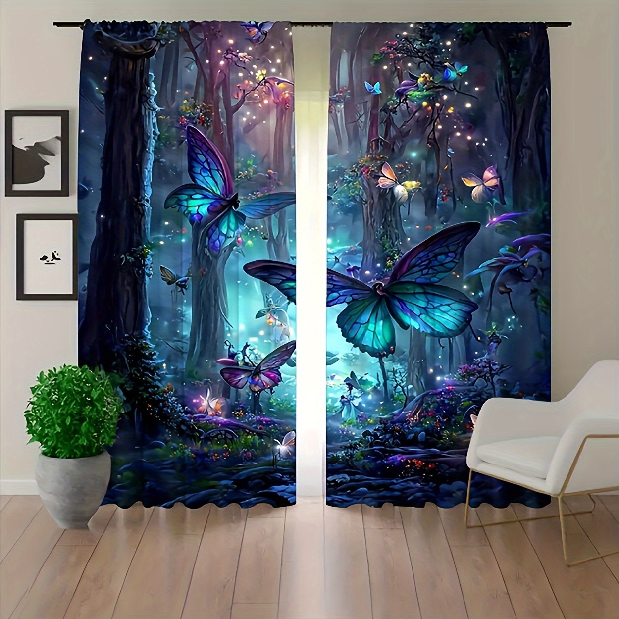 

2pcs Butterfly Forest Prints Curtain Panels, Blackout Easy-care Privacy Window Drapes Set, Rod Pocket Window Treatments For Bedroom, Living Room, Dormitory, Office, Home Decoration