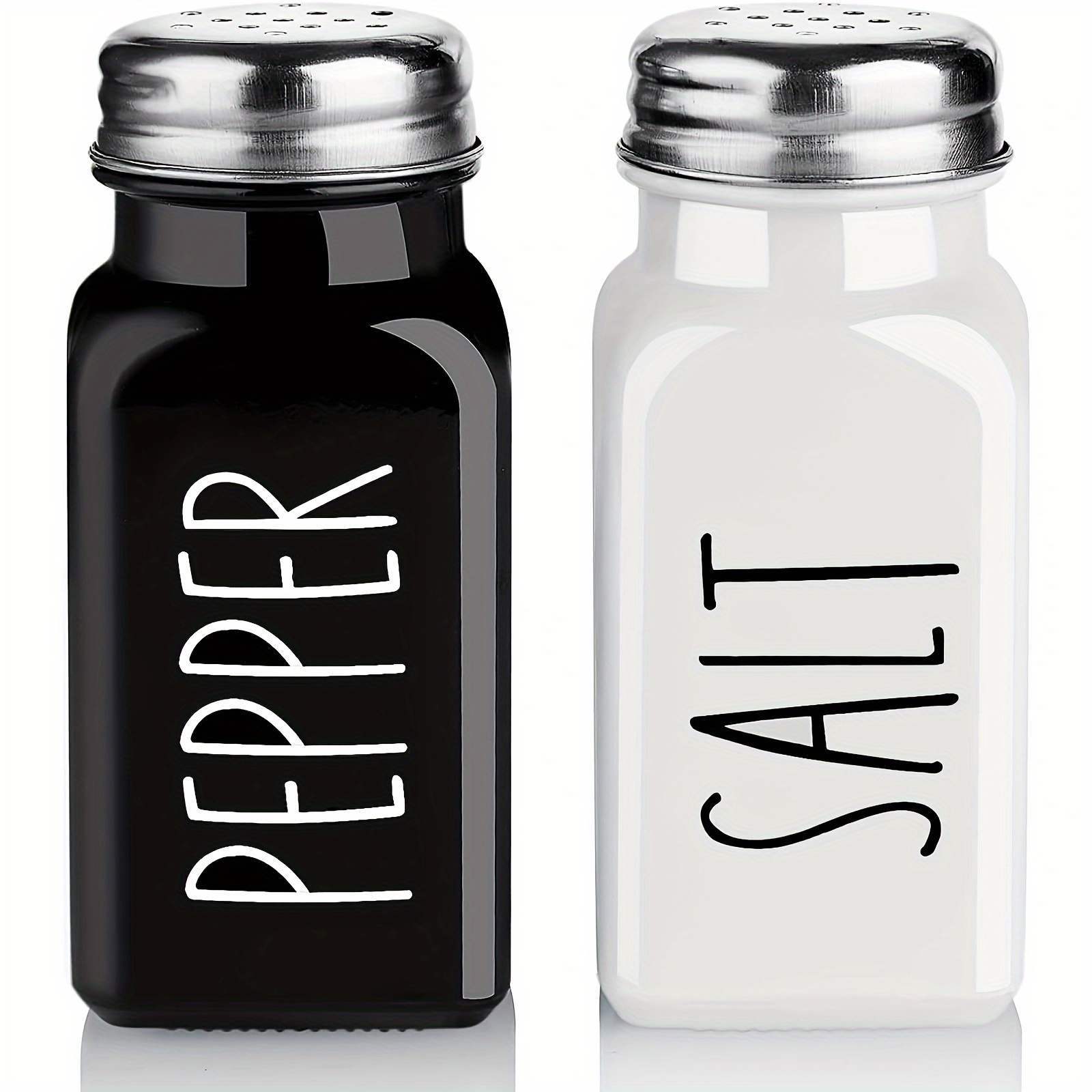 Image of Salt And Pepper Shakers Set, A Cute Black And Glass Shakers With Stainless Steel Lids In A Black Metal Holder, Perfect For A Vintage Kitchen Decor Charm, Great As A Gift