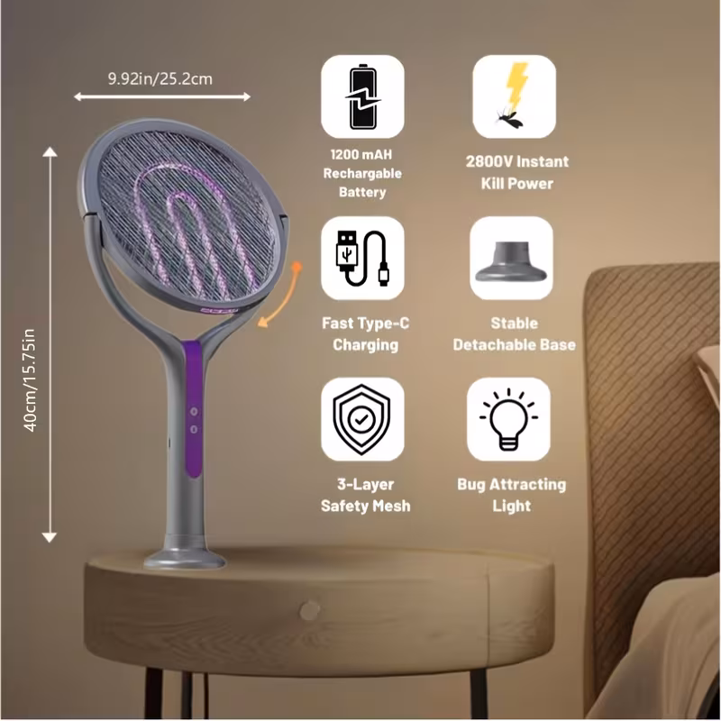new arrival retractable extended electric fly swatter racket 2 in 1 smart bug zapper and generator with usb rechargeable base powerful trap lamp and fly killer for home bedroom Product details 3