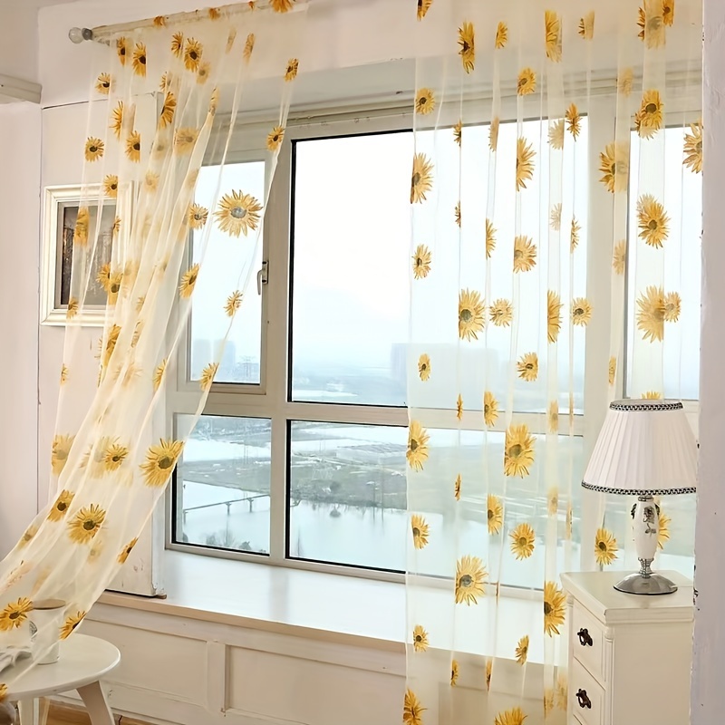 

2pcs Transparent Breathable Sunflower Pattern Curtain, Window Screen Suitable For Balcony Living Room Home Decoration Through Rod Processing