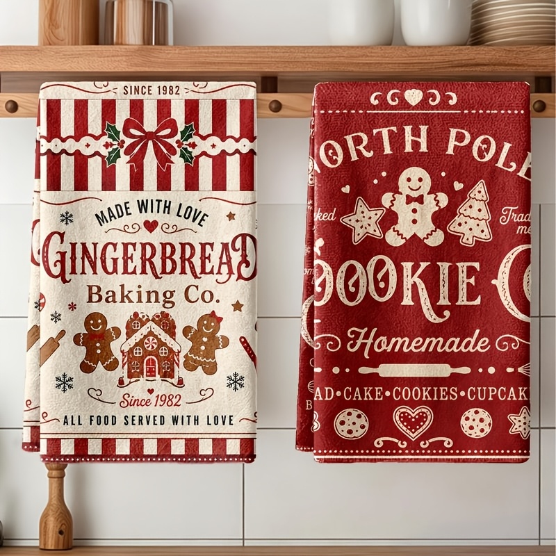 TEMU 2pcs 2d Flat Size 43x66cm Large Dish Cloths For Cleaning, Cute Cartoon Retro Single-sided Print Christmas Gingerbread Baking Kitchen Cleaning