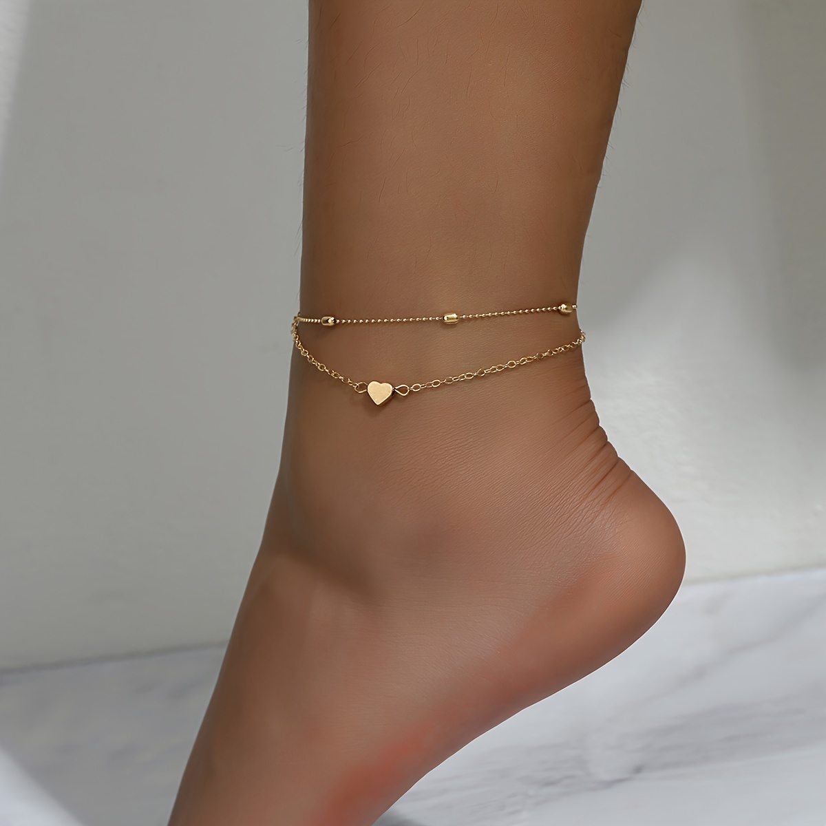 

14k Golden Plated Double Layer Anklet, Boho Vintage Style Zinc Alloy Heart Charm Ankle Bracelet For Women, Adjustable Chain For Daily And Vacation Wear, All Seasons Compatible