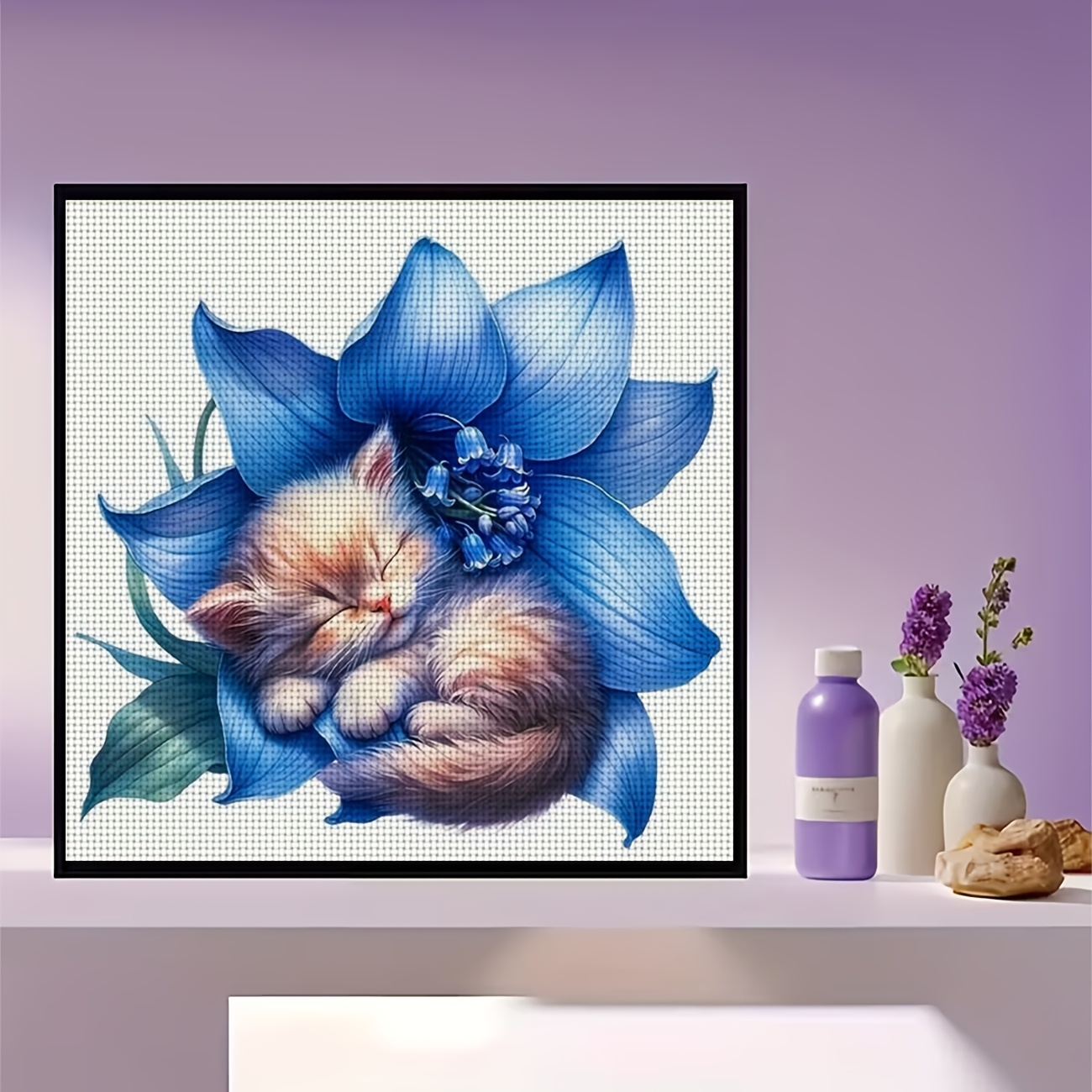 DIY Cross-Stitch Printed Kit Featuring Sleeping Cat Among Blue Flowers