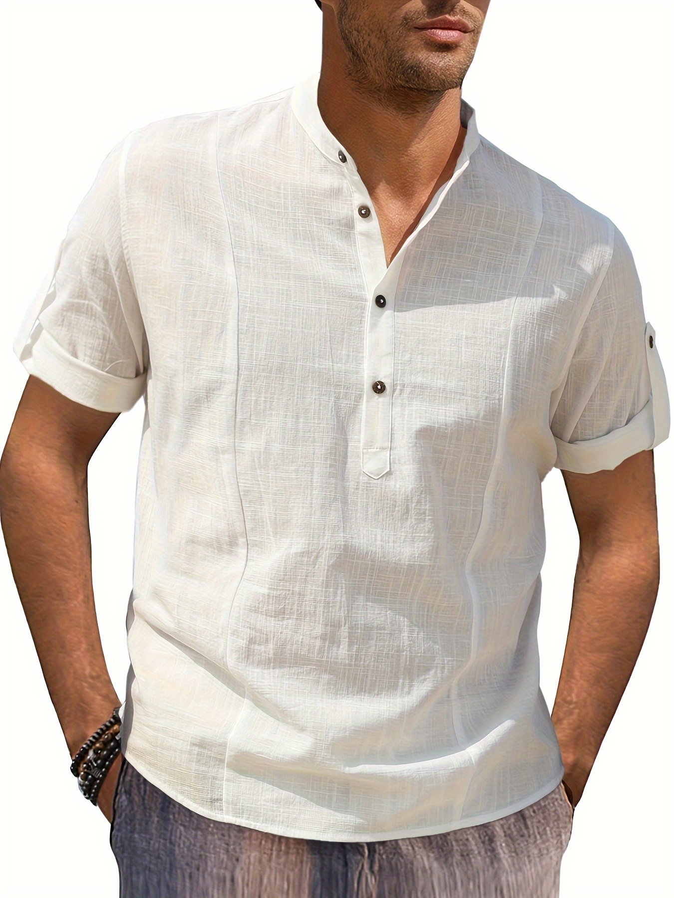 Men's Short Sleeve Work T-Shirt Tops Cotton Linen Summer Button Shirt  Blouse
