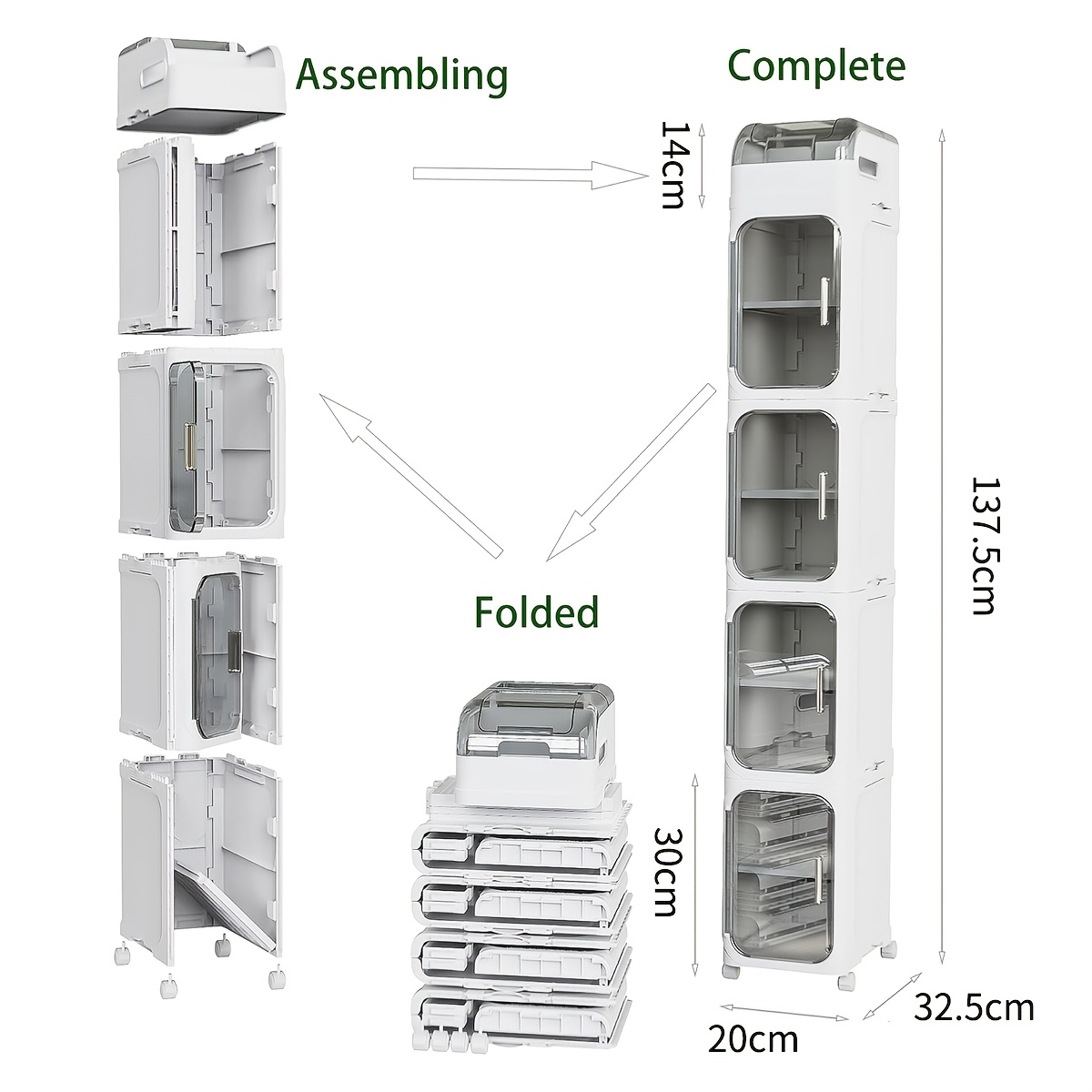 Image of 8/6/5/3 Tier Slim Bathroom Storage Cabinet, Foldable And Movable, White | Tools Free, Abs And Pet, Magnetic Clear Door, Adjustable Shelves, Lockable Wheels, For Narrow Space, Shelves