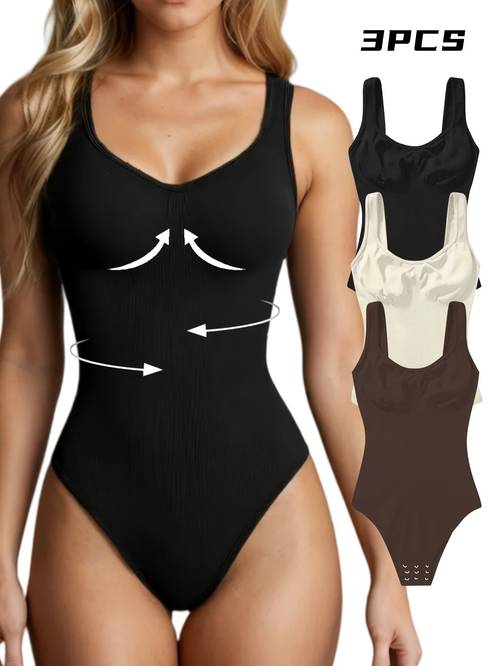 3pcs womens ribbed abdominal control bodysuits sleeveless fit fabric daily wear evening or special occasions evening bodysuit fabric