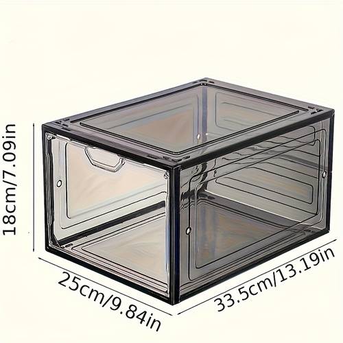 shipping 12pcs of six sided hard solid plastic shoe storage boxes for hats and shoes featuring a magnetic front door transparent plastic that stacked sneaker storage boxes closet shoe organizers shoe display boxes