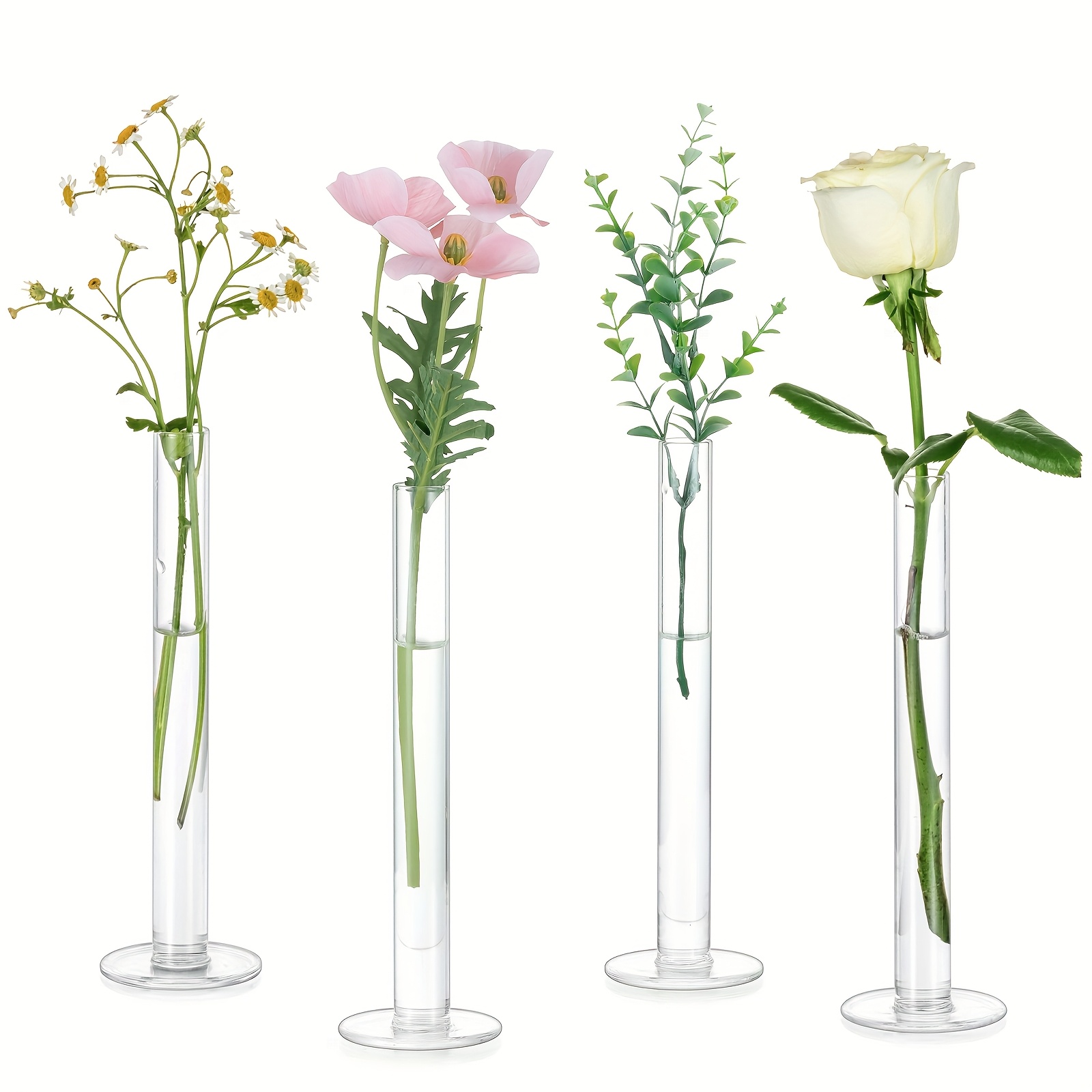 Image of Set Of 4pcs Glass Bud Vase For Centerpieces, Small Flower Vases Clear Single Rose Cylinder Centerpieces - 7.9" Tall Skinny Modern Wedding Table Decorations For Party Living Room