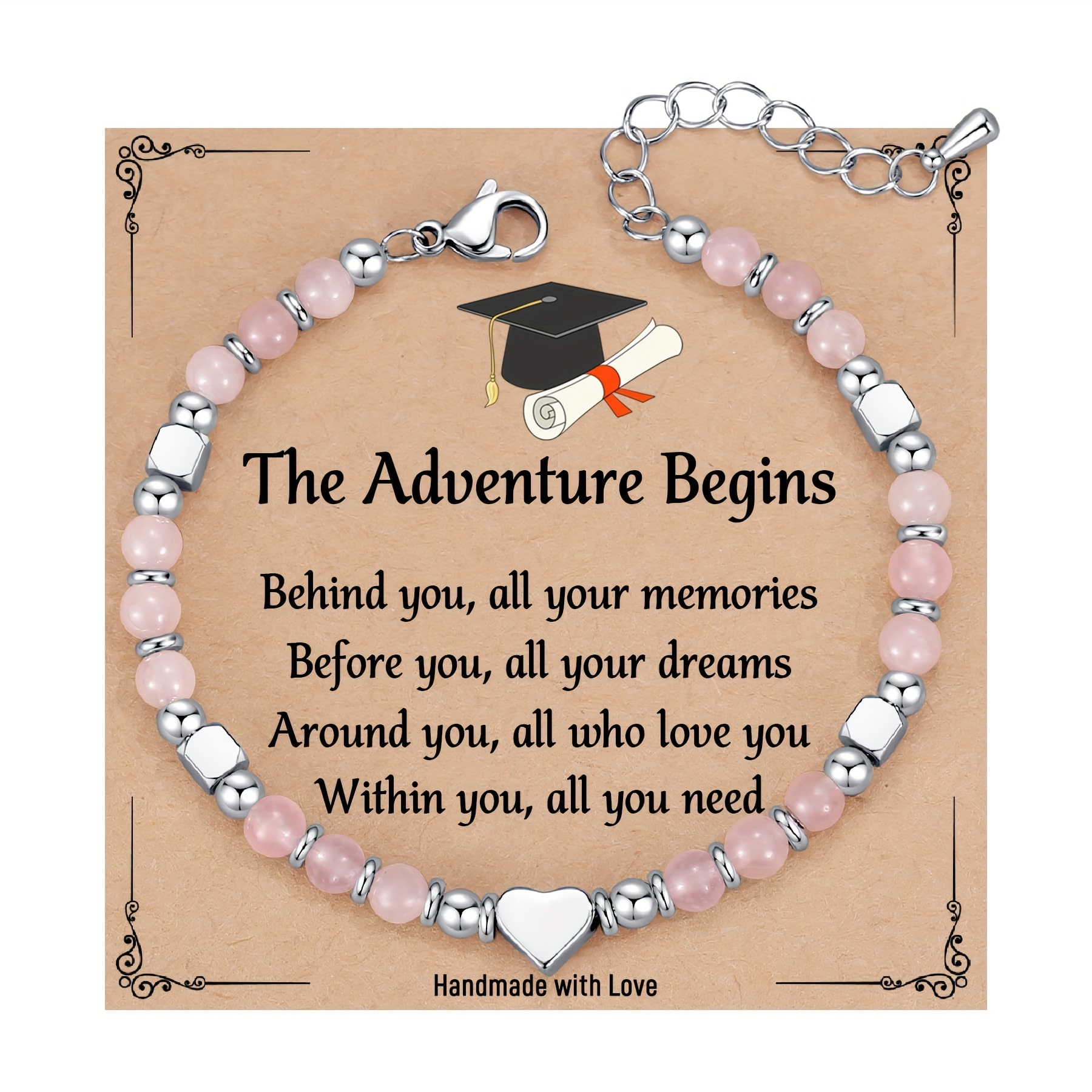 Image of Pink Natural Stone Beaded Bracelet Graduation Gift, Suitable For Women' High School High School College Graduates Graduation Bracelet Back To Bracelet, Happy Graduation Gift For Grandchildren Daughter