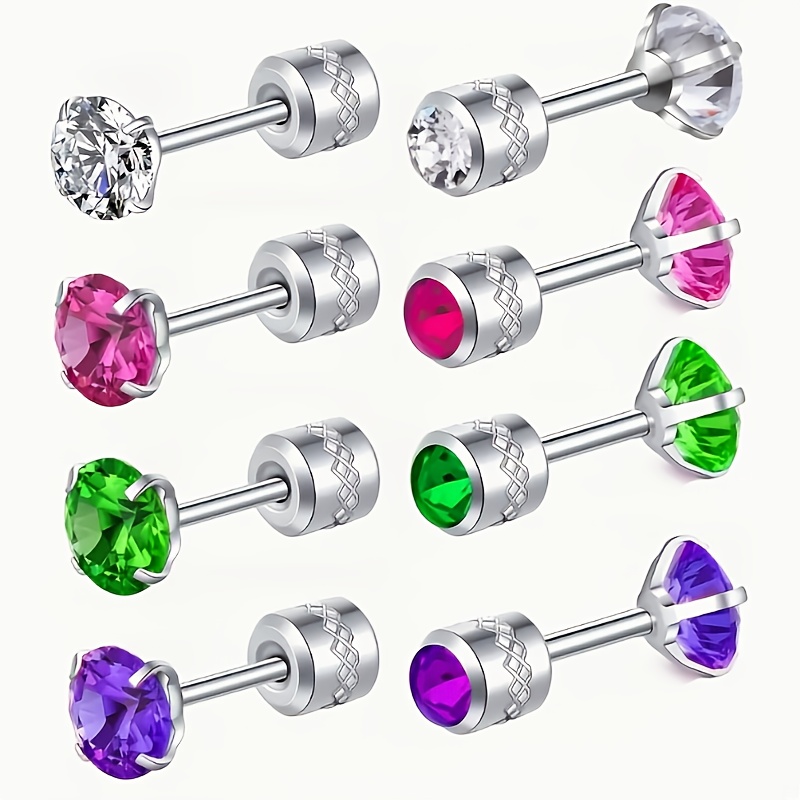 TEMU 4 Pairs Of 8pcs Stainless Steel Ear Studs Designed For Men And Women, Featuring Screw-back Colored Cube Studs, Suitable For Daily Wear And As