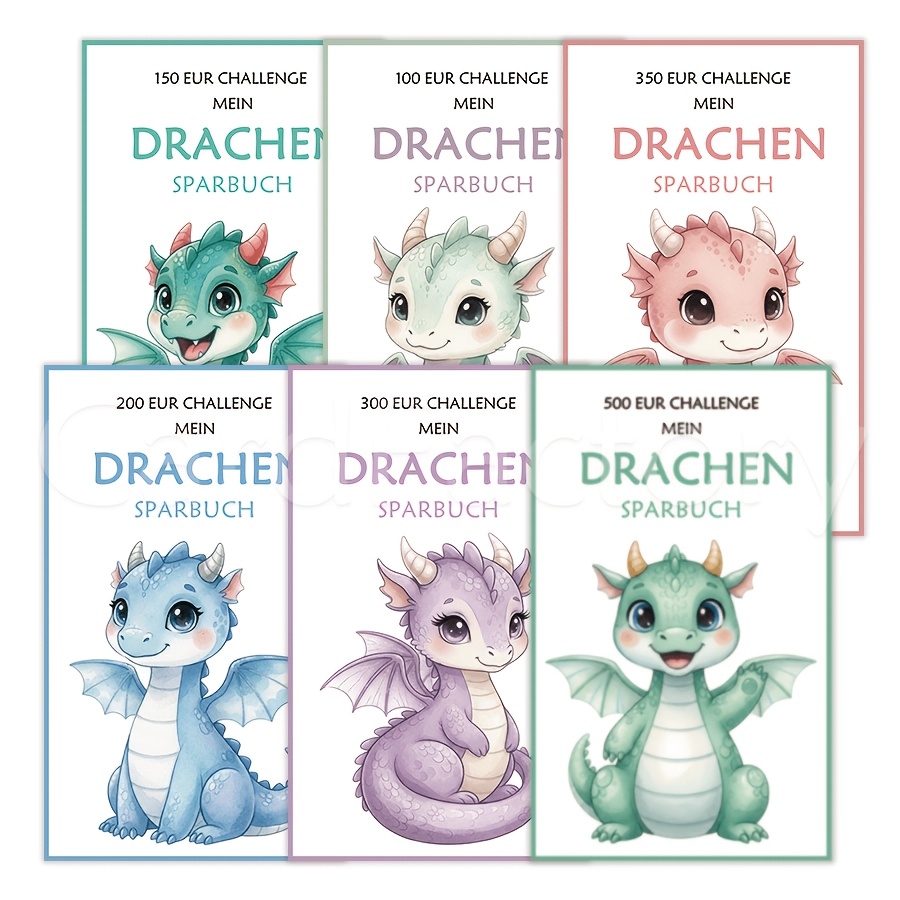 TEMU 6pcs German Cute Dragon Double-sided Savings Challenge Record Card, Savings Plan Card Set, Suitable For Christmas, Halloween, Birthday, Reward