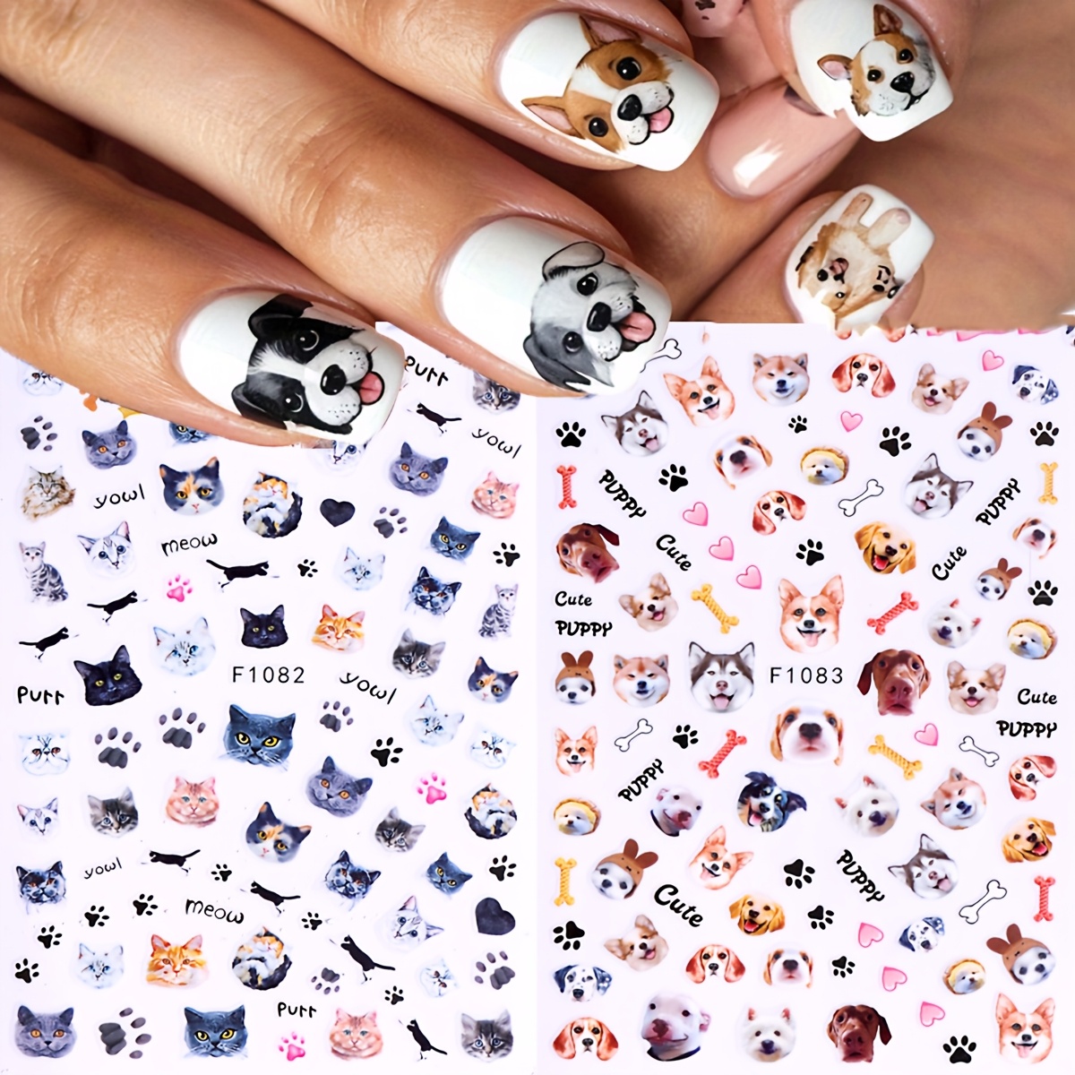 

2pcs Cute Cartoon Animal Nail Art Stickers, 3d Self-adhesive Puppy Kitty Manicure Decals, Embroidered Look, , Single Use, Oblong Shape, For Plastic , Unscented