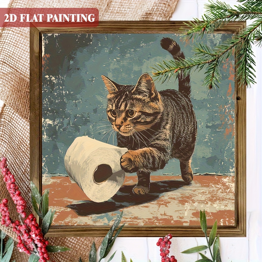 TEMU 2d Flat - A 2d Flat Art Sign Featuring A Rustic Wooden Striped For Cat, Designed For Toilet Paper Rolls. This Bathroom Decoration Comes Framed