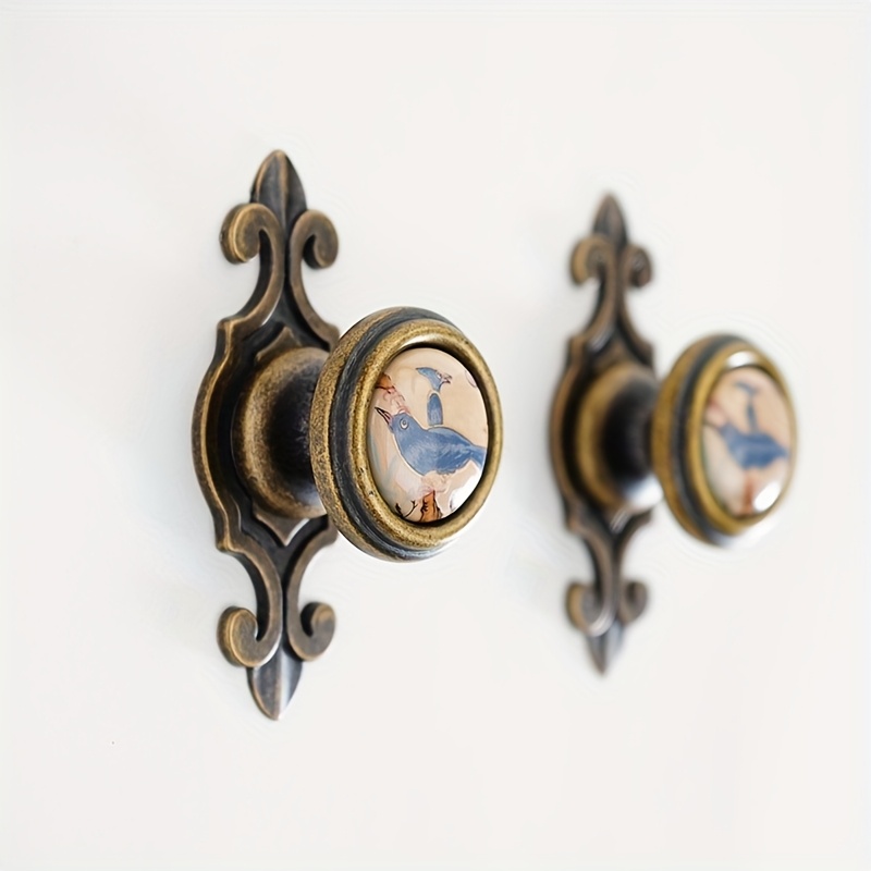 TEMU 2-pack Antique Bronze Ceramic Cabinet Knobs With Chinese Floral & | Vintage Alloy Handles For Drawers & Doors, Oil Rubbed End, Screws Included