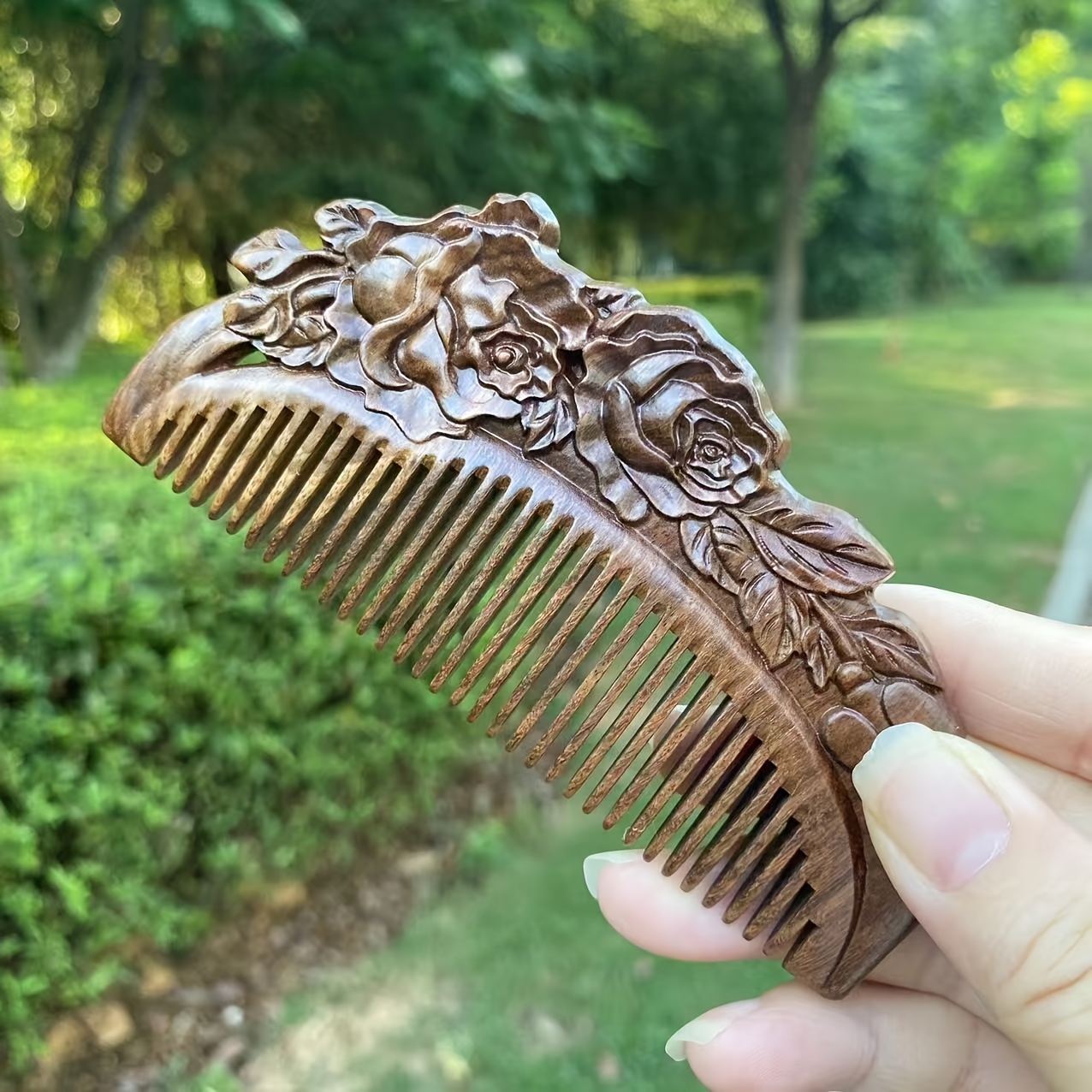 

Sandalwood Hair Comb With Fine Teeth – Handcrafted Natural Wooden Finishing Comb For Normal Hair With Elaborate Rose Design, Black Bristle