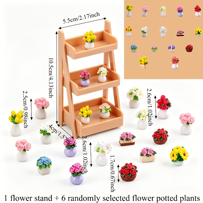 TEMU 7pcs/set, Includes A 1:12 Scale Miniature Three-tiered Shelf And 6 Random Potted Plant Model Ornaments. Suitable For Decorating Model Houses, ,