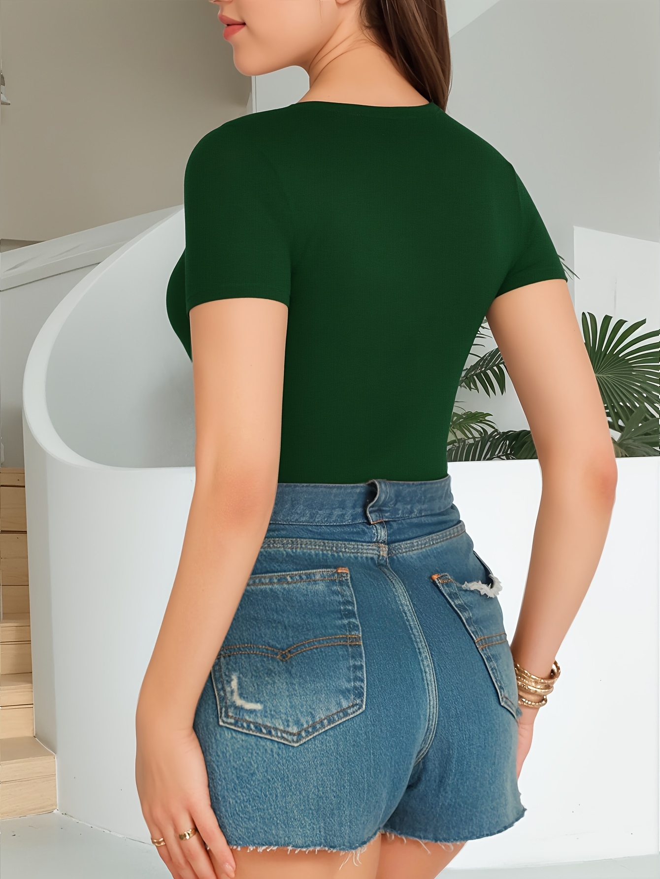 womens elegant short sleeve bodysuit solid color green crew Temu