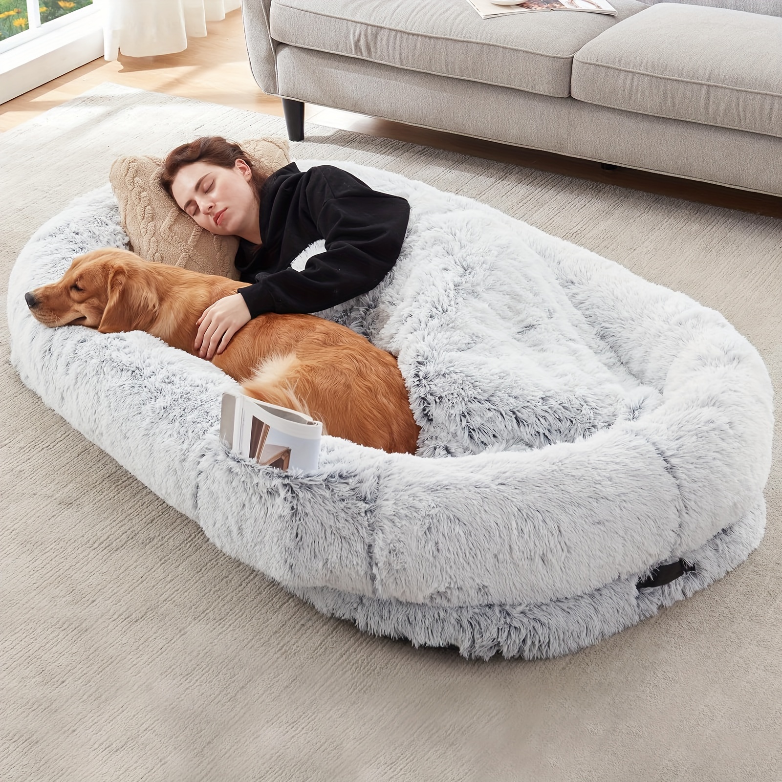 

Washable Orthopedic Faux Fur Napping Bed For Humans And Pets, Includes Plump Pillow, Blanket, Strap - Grey, 75"x43"x12" Perfect For Dozing Off Together