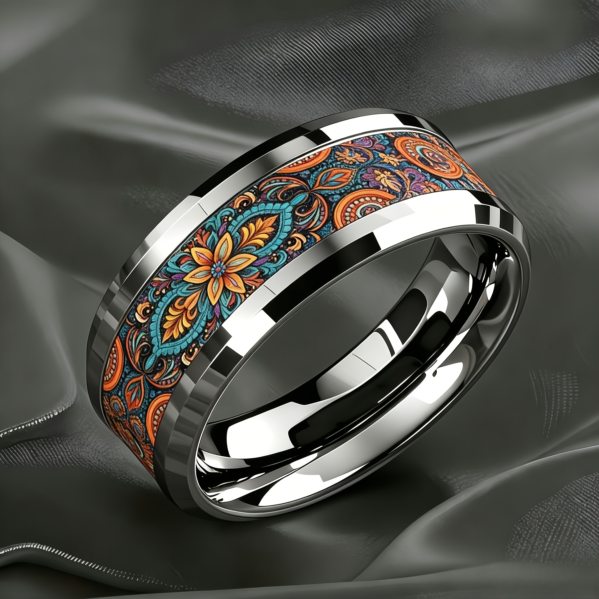 Bohemian Mandala Paisley Floral Pattern Stainless Steel Ring