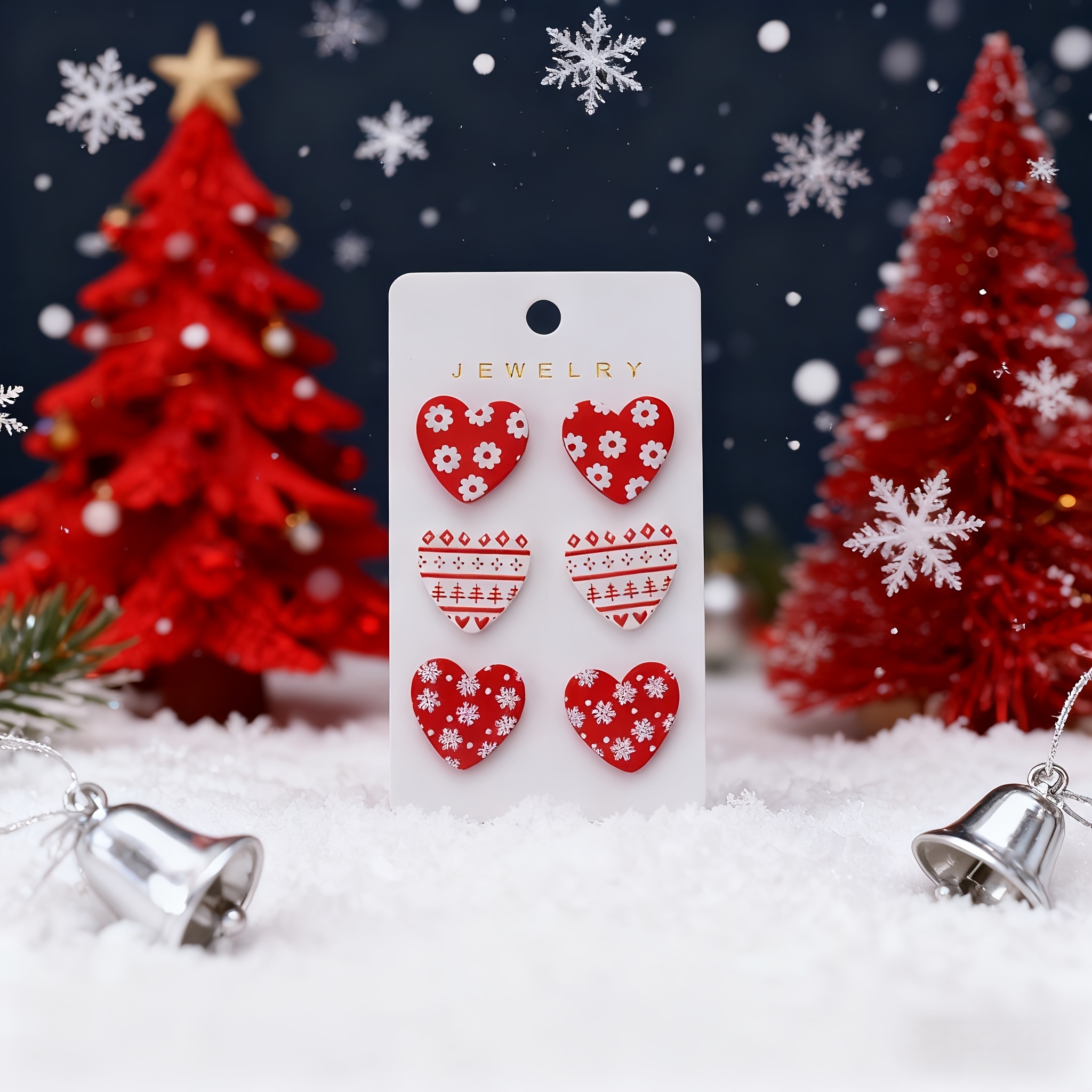 TEMU A Set Of 3 Pairs Of Cute Christmas White Snowflake Doodle Red Heart Acrylic Earrings, Perfect As A Party Gift For Women