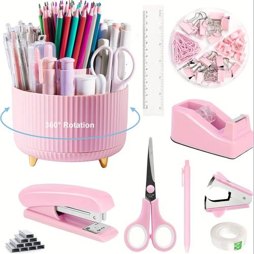 13pcs set durable acrylic rotating pen holder desktop tape dispenser stapler set complete handmade diy essentials set ideal for students teachers and professionals