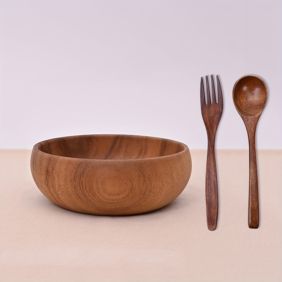 

1 Set Acacia Wooden Bowl With Fork And Spoon, Solid Round Serving Dish, Rustic , Large Heat-resistant Salad Bowl Set For Home & Kitchen Use